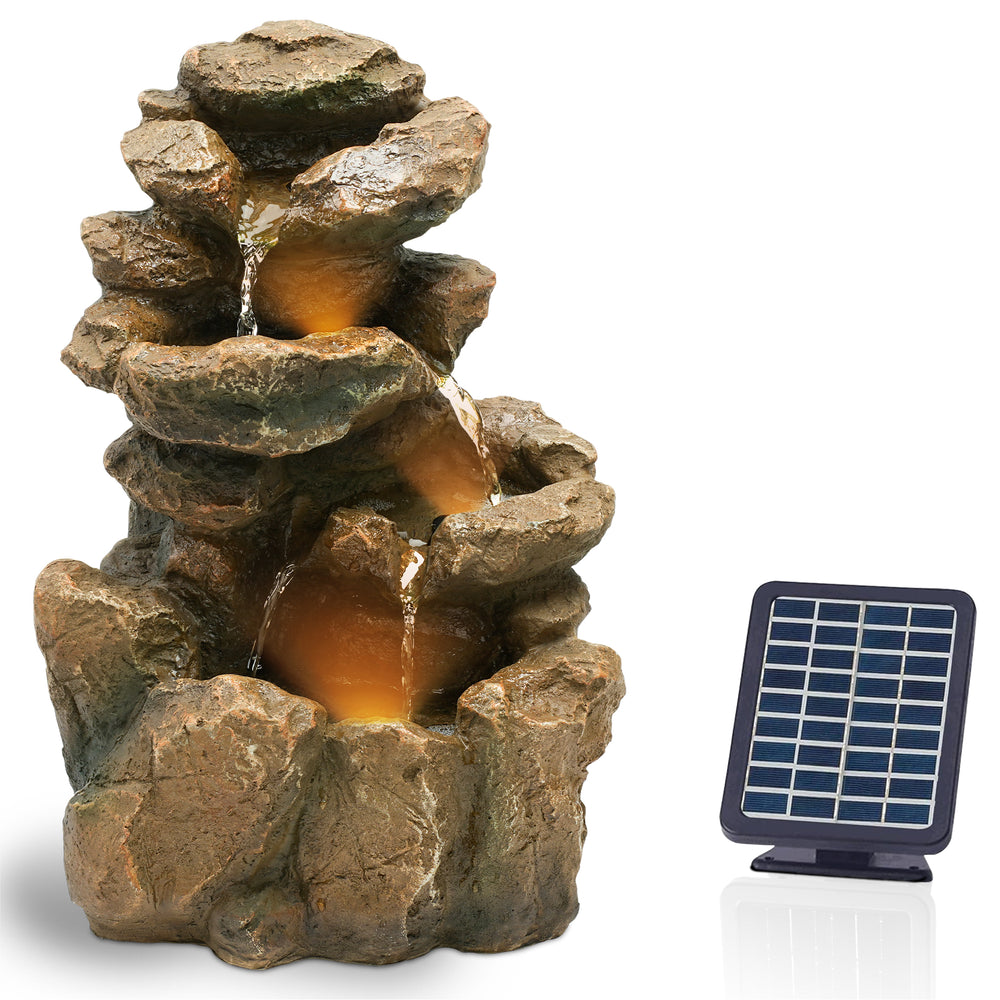 Bloomida Solarbrunnen - Gartenbrunnen Solar mit LED Beleuchting - Yosemite Fall Braun Orange