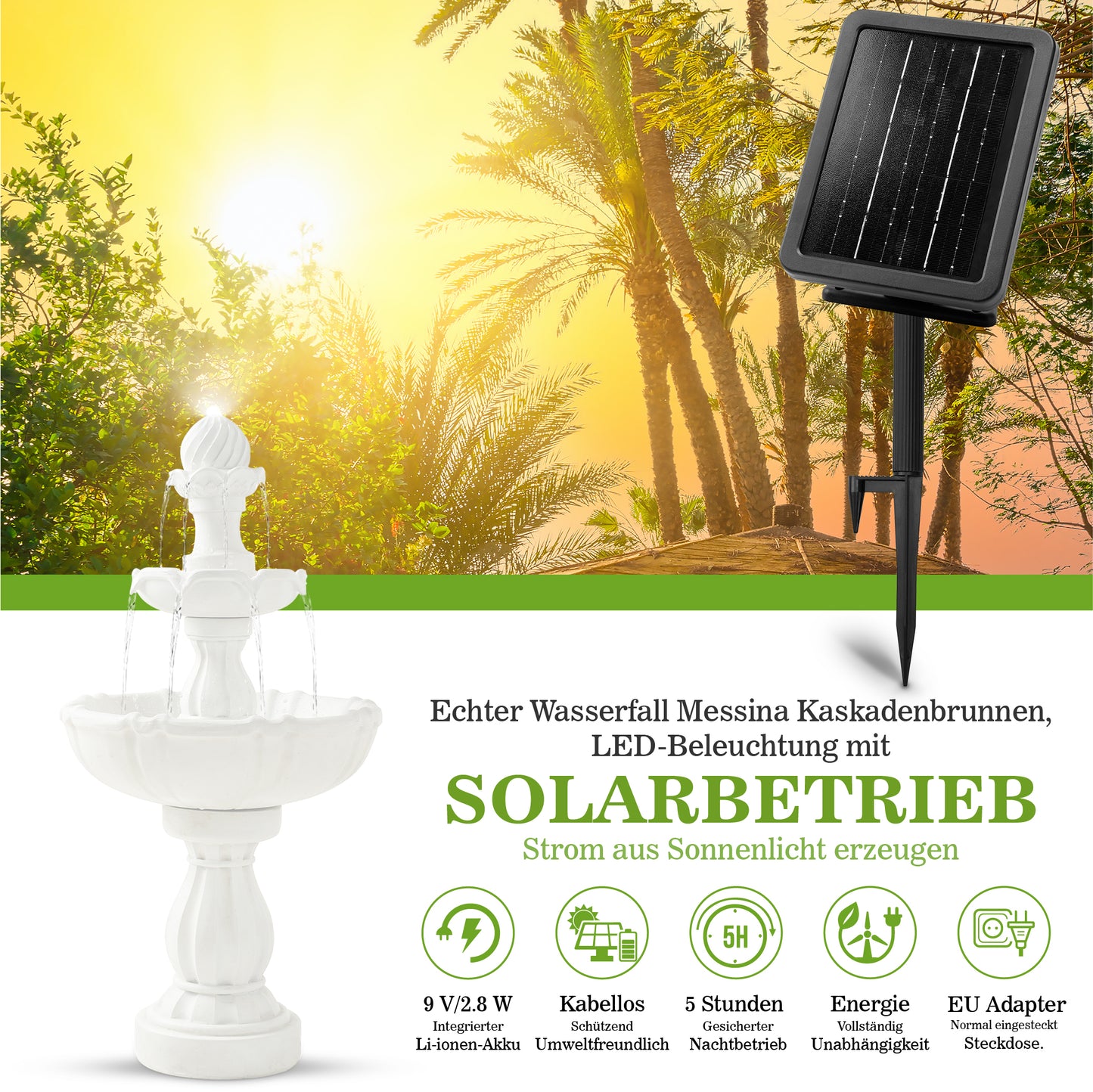 
                  
                    Bloomida Solarbrunnen  - Gartenbrunnen Solar mit Adapter und LED Beleuchting - Vogelbrunnen Weiß
                  
                